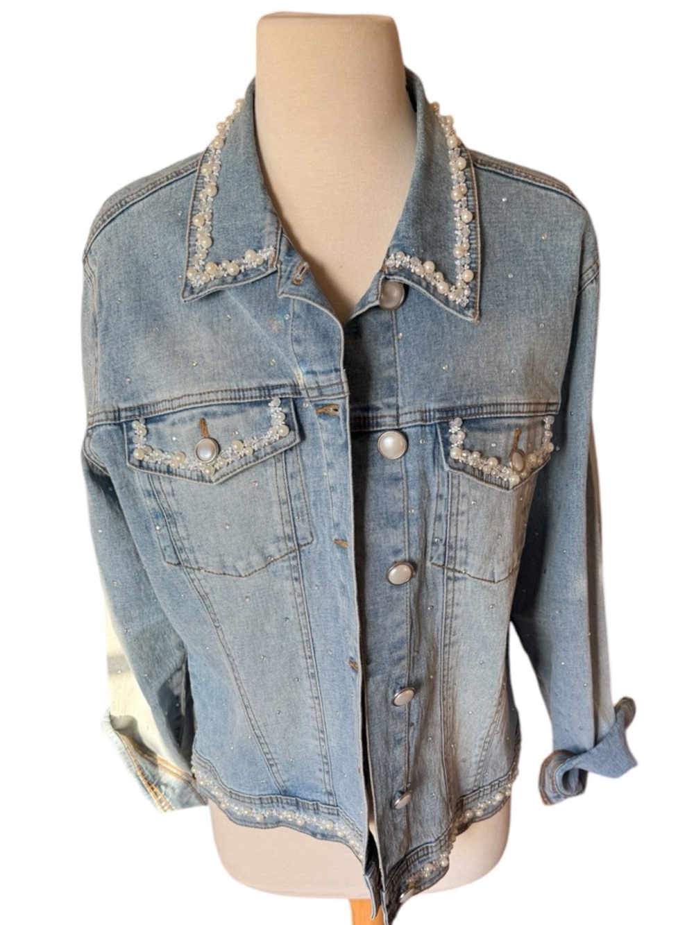 DG2 Embellished and Beaded Denim Jacket by Diane Gilman, L